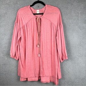 Free‎ People Womens Just A Henley Top Medium Pink Linen Blend Oversized Split